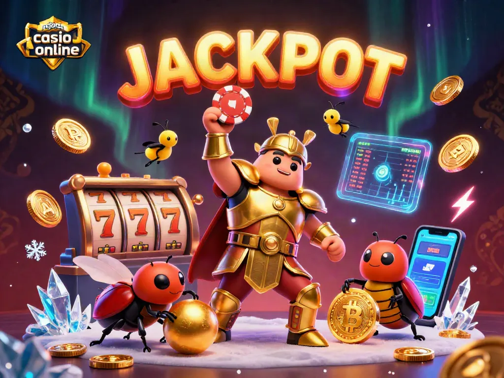 Los mejores casinos online presentan un escarabajo levantando fichas y símbolos de jackpot.