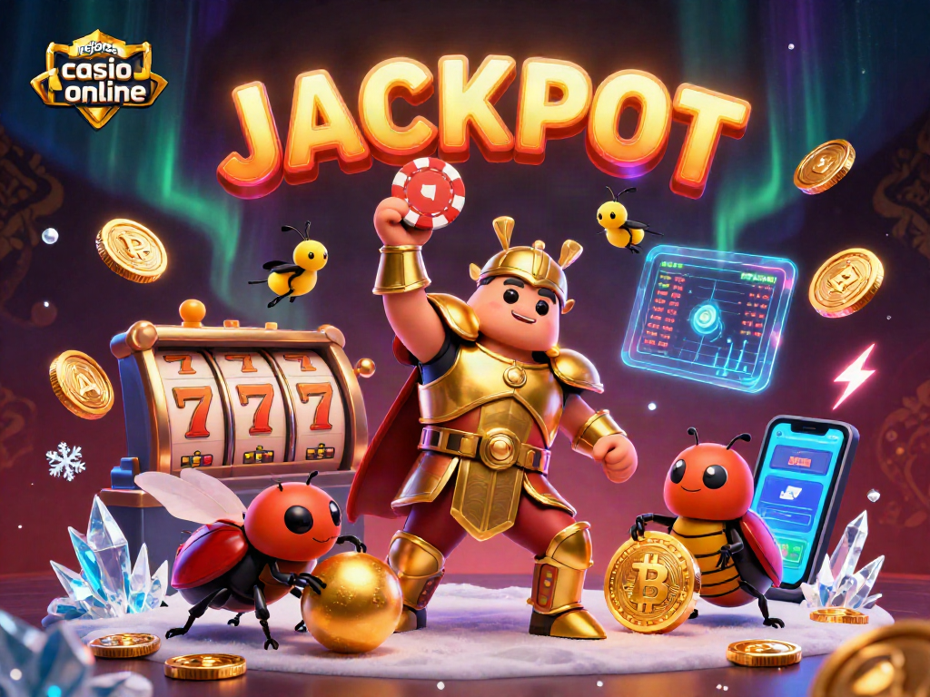 Los mejores casinos online presentan un escarabajo levantando fichas y símbolos de jackpot.