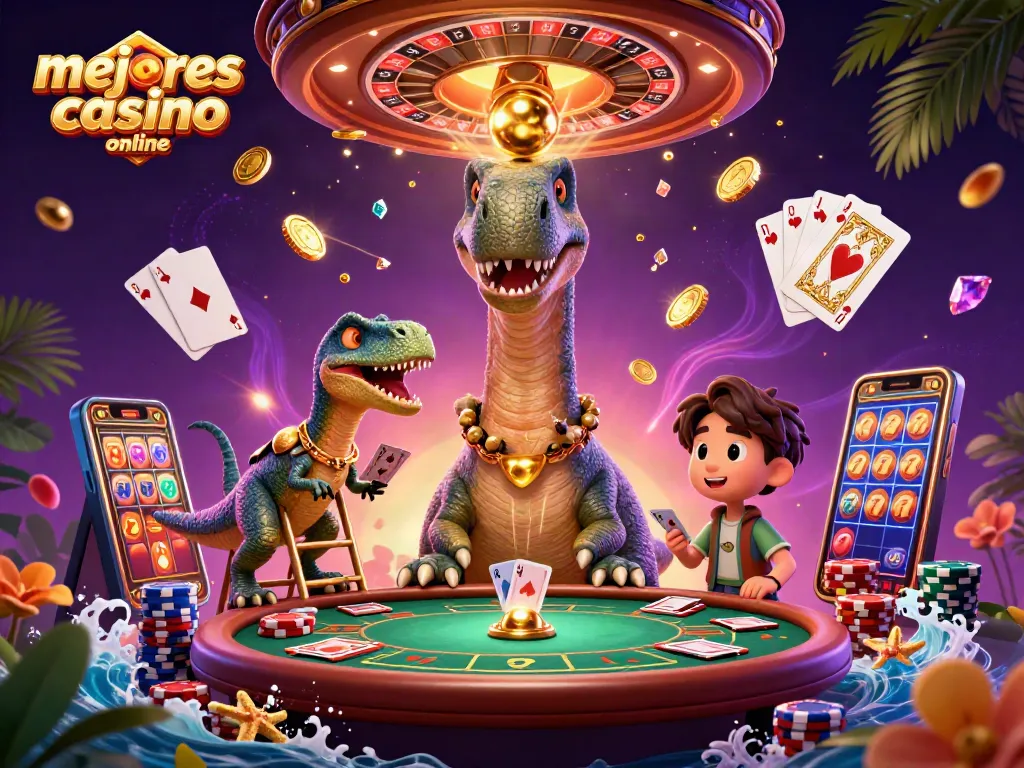 Los mejores casino online revelan su magia en una escena vibrante con un brontosaurus y un ganso que manejan las cartas.