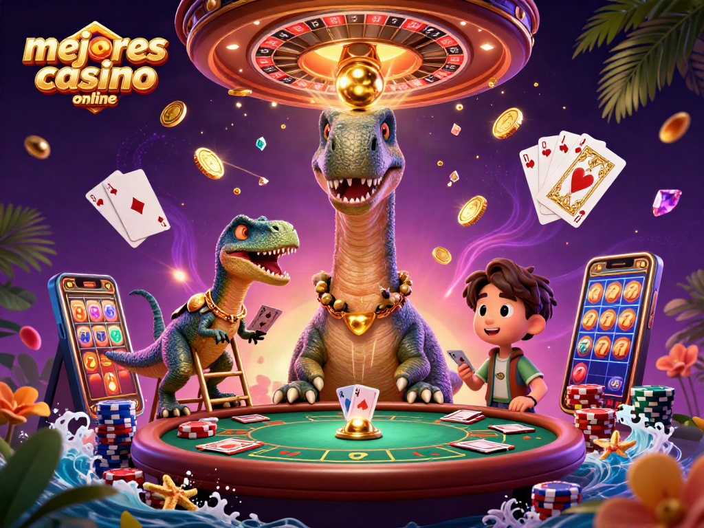 Los mejores casino online revelan su magia en una escena vibrante con un brontosaurus y un ganso que manejan las cartas.
