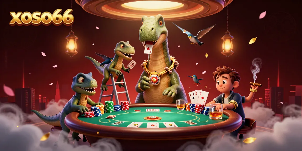 Engage in exciting gameplay at xoso66 with towering dinosaurs and vibrant casino elements in a thrilling atmosphere.