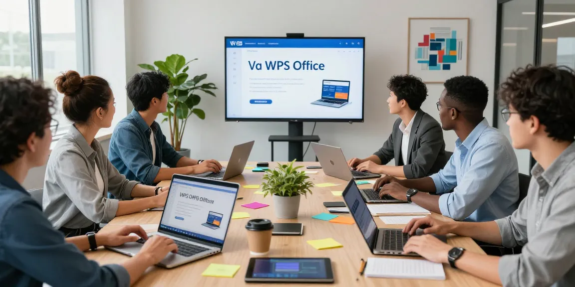 Team collaborating around laptops showing WPS Official Website in a modern office setting.
