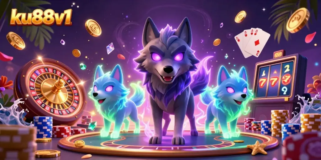 Play and win at ku88v1, featuring a dynamic casino scene with ghostly wolves and cascading coins.