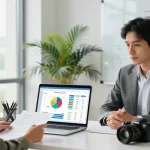 Calculadora hipoteca en España para calcular cuota y comparar opciones con un asesor financiero en moderno ambiente de oficina.