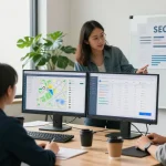Equipo de agencia-seo-local.com analizando datos en oficina moderna durante sesión estratégica.