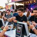 Attendees at a festival using pulseras digitales para eventos for access and payments, enjoying a vibrant atmosphere.